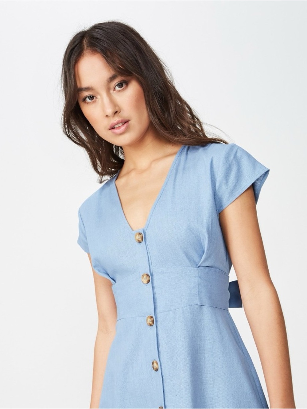 Cotton On | V-Neck Button-Front Tie Back Mini Dress | Light Blue | Size Large